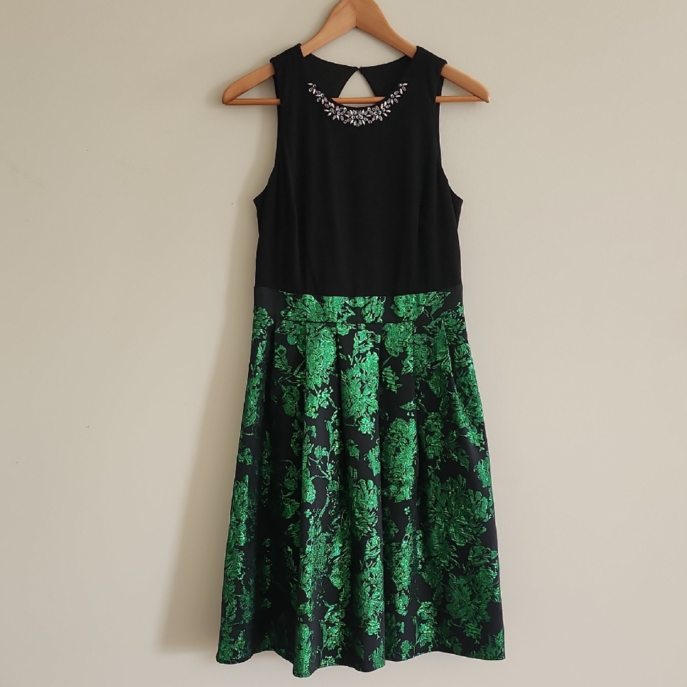 SLNY Black Dress with Green Accents